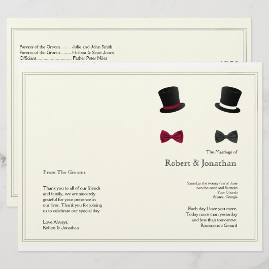 Hochzeitsprogramm für Top Hats und Bow-Krawatte (Vorne/Hinten)