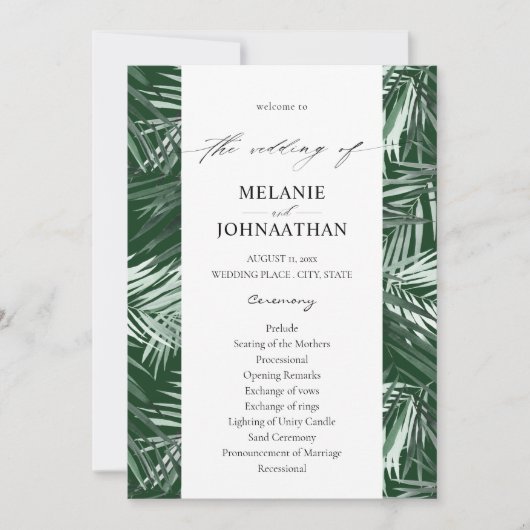 Hochzeitsprogramm für Tropical Palm Blätter - Gree Einladung (Vorderseite)