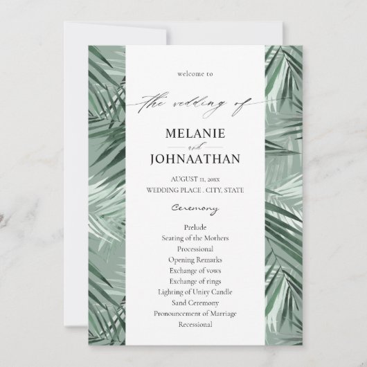 Hochzeitsprogramm für Tropical Palm Blätter - Minz Einladung (Vorderseite)