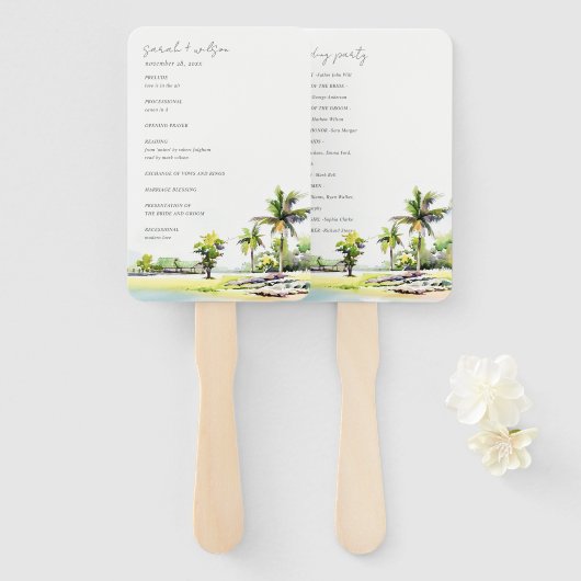 Hochzeitsprogramm für Tropical Script Coastal Palm Fächer (Vorne und Hinten)
