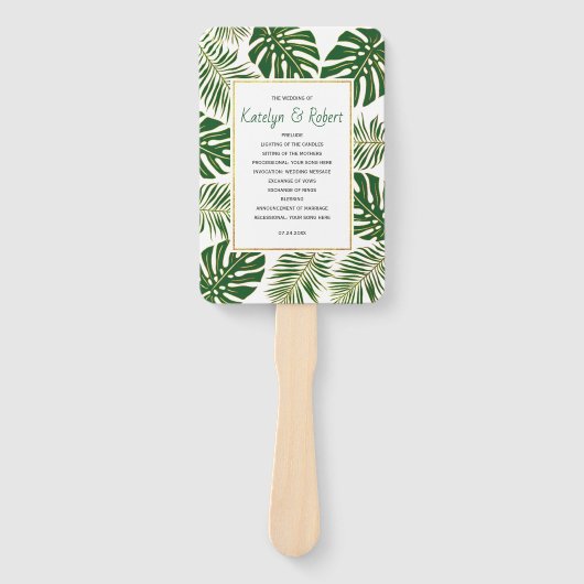 Hochzeitsprogramm für tropische Blätter in Grün un Fächer (Vorderseite)