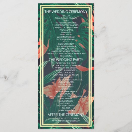 Hochzeitsprogramm für tropische Blumen und Goldfol Programm (Rückseite)