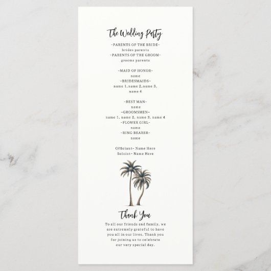 Hochzeitsprogramm für tropische Palmen Programm (Rückseite)