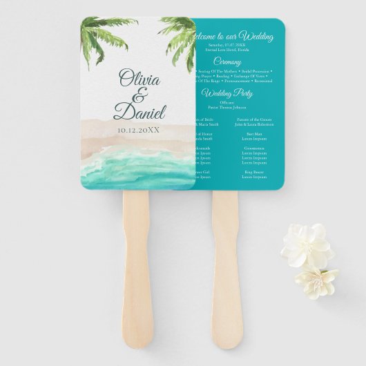Hochzeitsprogramm für tropische Strände und Palmen Fächer (Vorne und Hinten)