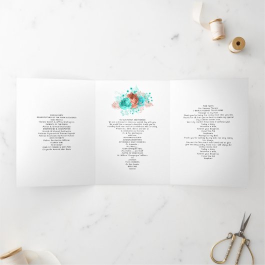 Hochzeitsprogramm für Türkis und Korallen Dreifach Gefaltete Einladung (Innenseite)