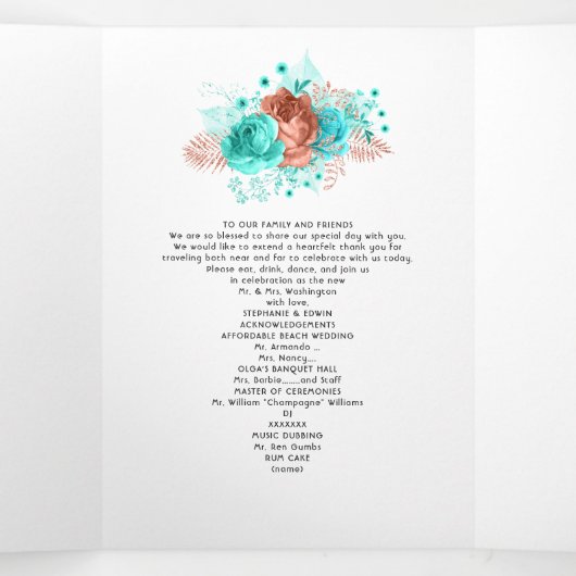 Hochzeitsprogramm für Türkis und Korallen Dreifach Gefaltete Einladung (Innenseite Mitte)