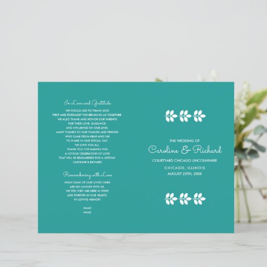 Hochzeitsprogramm für türkisfarbene Weiße Branchen (Stehend Vorderseite)