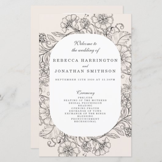 Hochzeitsprogramm für Vintage Blumen (Vorne/Hinten)