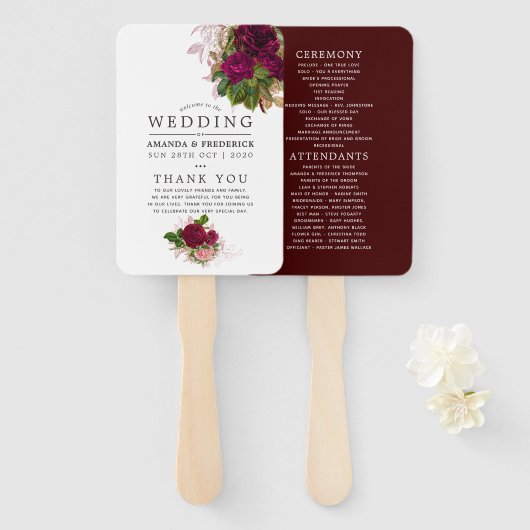 Hochzeitsprogramm für Vintage Chic Blush und Burgu Fächer (Vorne und Hinten)