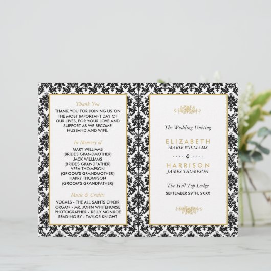 Hochzeitsprogramm für Vintage Gold-, Schwarz- und (Stehend Vorderseite)