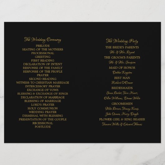 Hochzeitsprogramm für Vintage Goldfräsen (Rückseite)