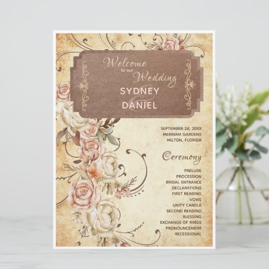 Hochzeitsprogramm für Vintage Herbst-Rose (Stehend Vorderseite)