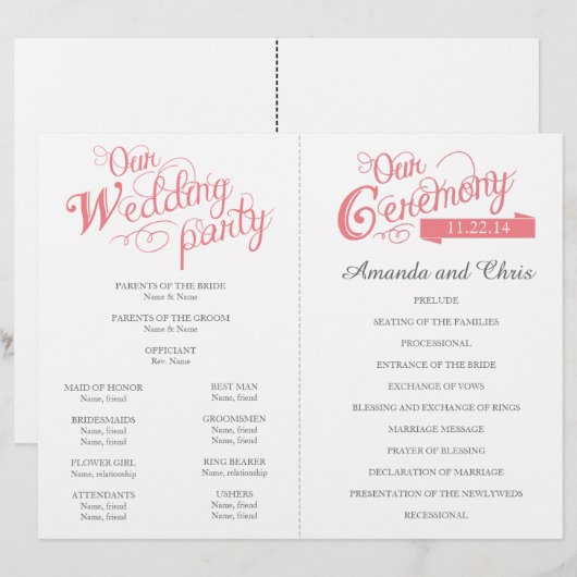 Hochzeitsprogramm für Vintage Korallen-Liebe (Vorne/Hinten)