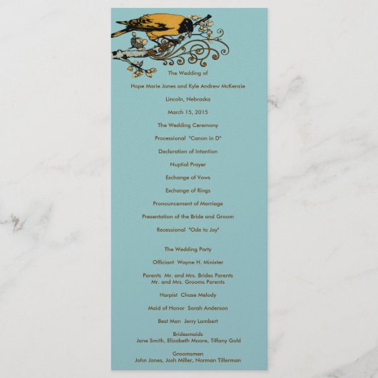 Hochzeitsprogramm für Vintage Liebesvögel Programm (Vorderseite)