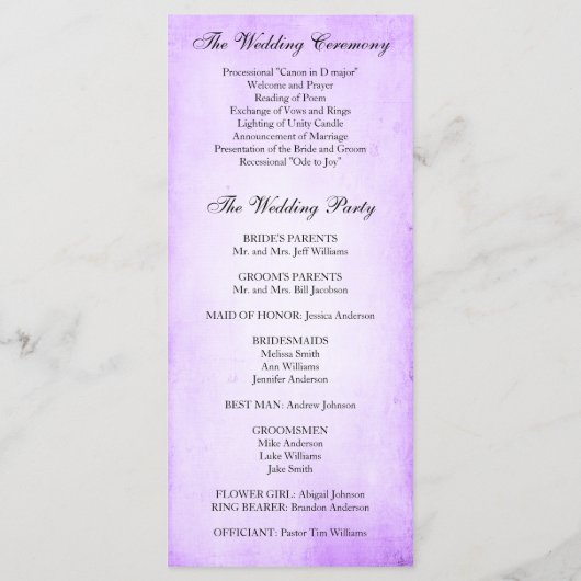 Hochzeitsprogramm für Vintage Lila Rose Programm (Rückseite)