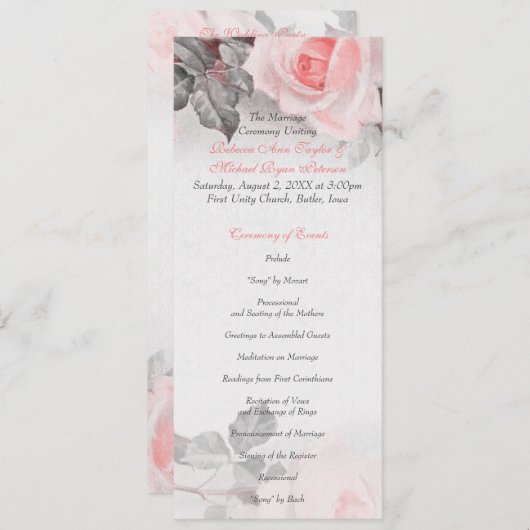 Hochzeitsprogramm für Vintage Rosa Rose Programm (Vorne/Hinten)