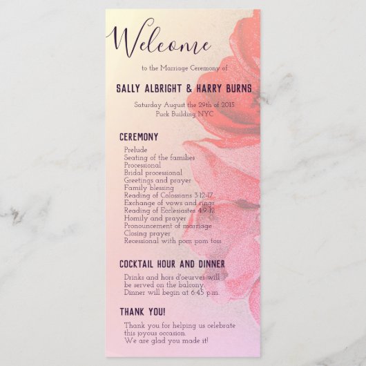 Hochzeitsprogramm für Vintage Rose Programm (Rückseite)
