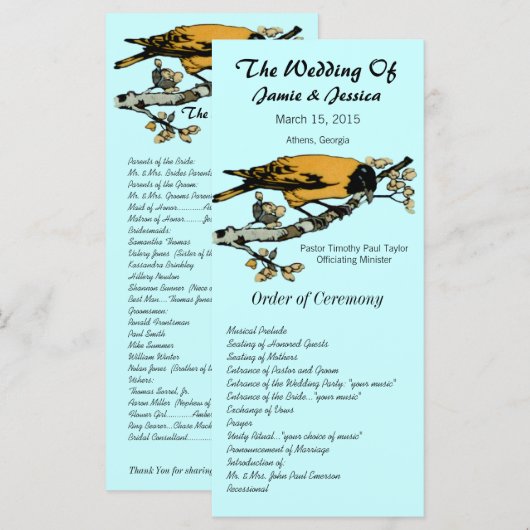 Hochzeitsprogramm für Vintage Vögel Programm (Vorne/Hinten)
