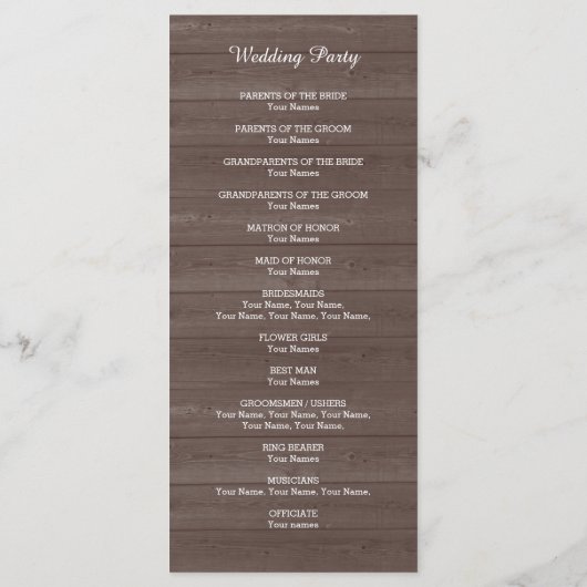 Hochzeitsprogramm für Vintages Holzkorn Programm (Rückseite)