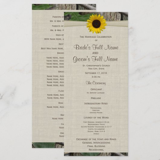 Hochzeitsprogramm für Wälder und Sonnenblumen Programm (Vorne/Hinten)