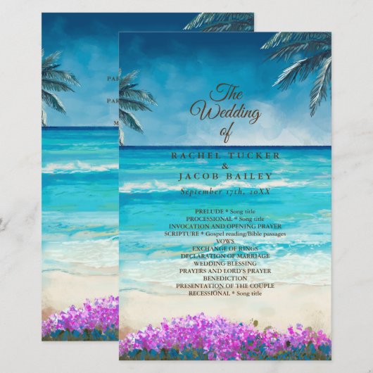 Hochzeitsprogramm für Wasserfarbe Beach Blue Ocean (Vorne/Hinten)