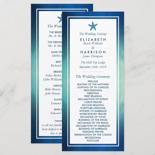 Hochzeitsprogramm für Wasserfarben am Strand von S Programm (Vorne/Hinten)