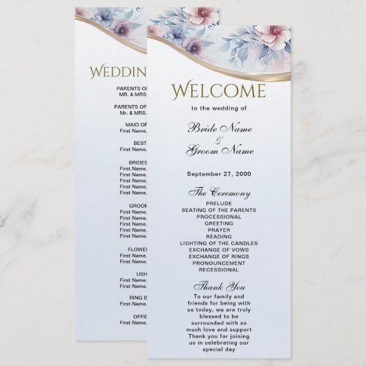 Hochzeitsprogramm für Wasserfarben Blau-Rosa-Flora Programm (Vorne/Hinten)