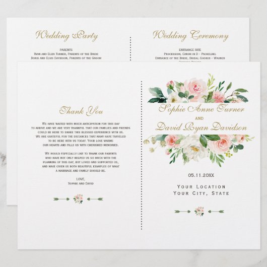 Hochzeitsprogramm für Wasserfarben-Blütencreme (Vorne/Hinten)