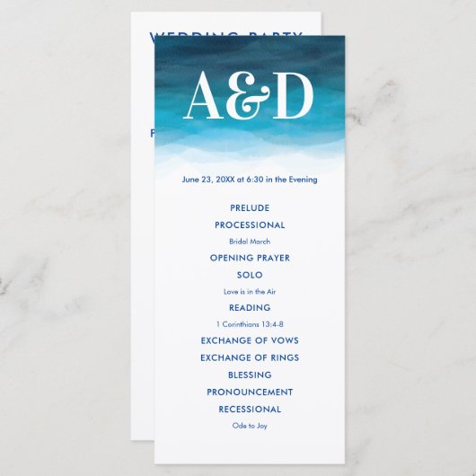 Hochzeitsprogramm für Wasserfarben im Meer, Blue W Programm (Vorne/Hinten)