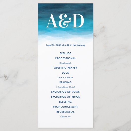Hochzeitsprogramm für Wasserfarben im Meer, Blue W Programm (Vorderseite)