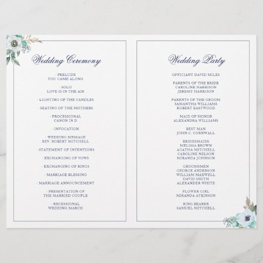 Hochzeitsprogramm für Wasserfarben-Monogramm-Blume (Rückseite)