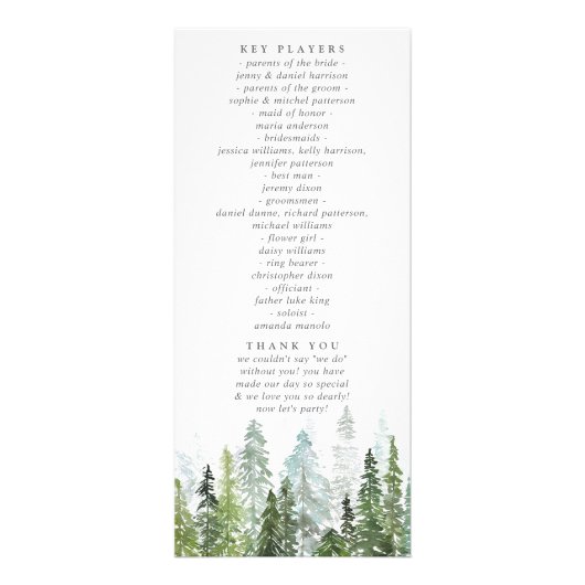 Hochzeitsprogramm für Wasserfarben-Pine-Bäume Werbekarte (Hinten)