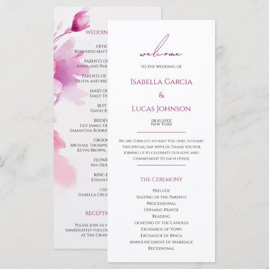 Hochzeitsprogramm für Wasserfarben Rosa (Vorne/Hinten)
