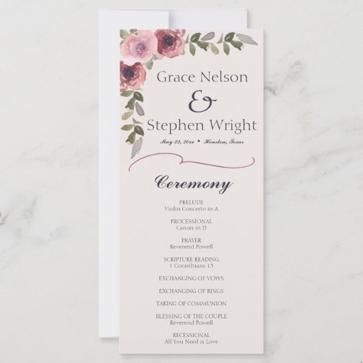 Hochzeitsprogramm für Wasserfarben-Rosa-Blume (Vorderseite)