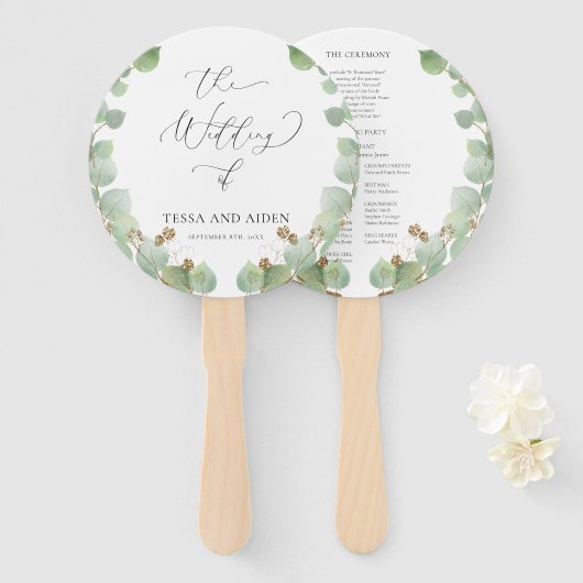 Hochzeitsprogramm für Wasserfarben und Grünpflanze Fächer (Vorne und Hinten)