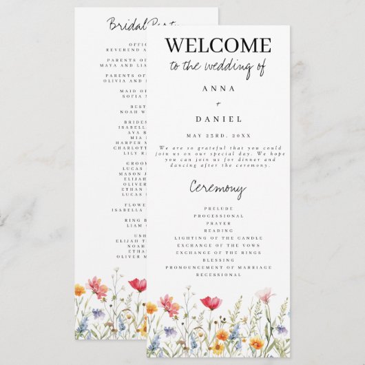 Hochzeitsprogramm für Wasserfarben-Wildblumen Programm (Vorne/Hinten)