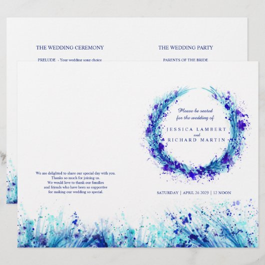 Hochzeitsprogramm für Wasserfarbenblau-Gras (Vorne/Hinten)