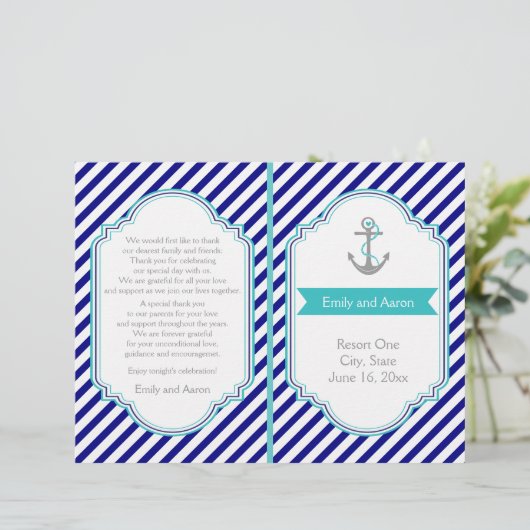 Hochzeitsprogramm für Wassersportler in Navy, Aqua (Stehend Vorderseite)