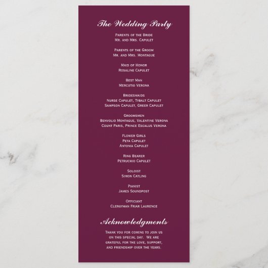 Hochzeitsprogramm für Weinberge Programm (Rückseite)
