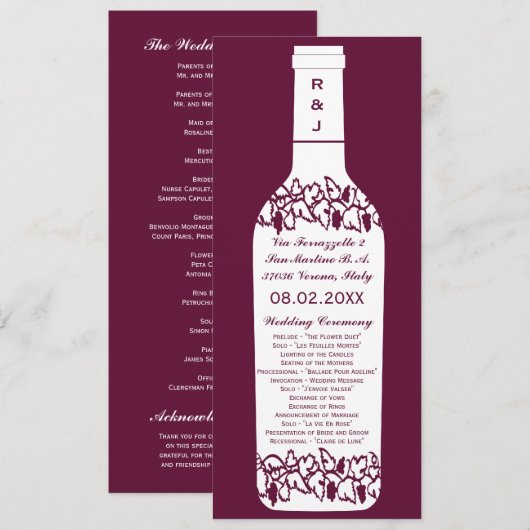 Hochzeitsprogramm für Weinberge Programm (Vorne/Hinten)