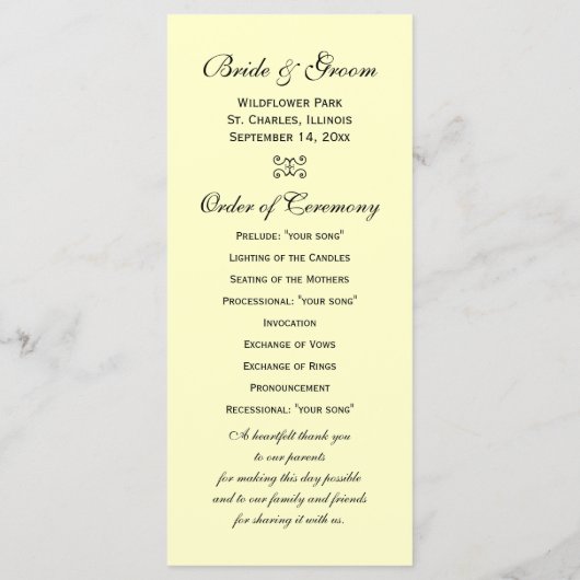 Hochzeitsprogramm für Weißrosen, Ring und Perlen Programm (Rückseite)