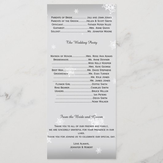 Hochzeitsprogramm für Weißschneeflocken und Silber Programm (Rückseite)