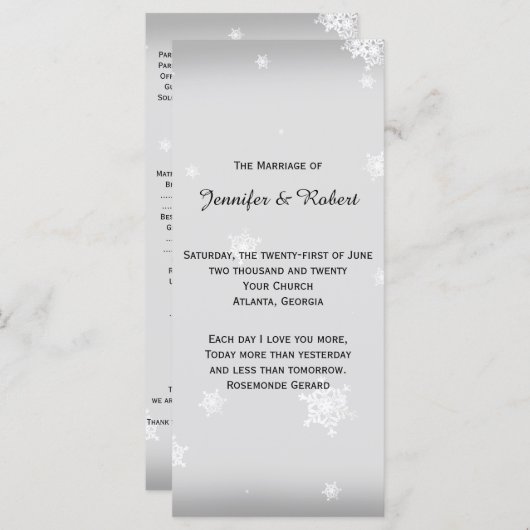 Hochzeitsprogramm für Weißschneeflocken und Silber Programm (Vorne/Hinten)