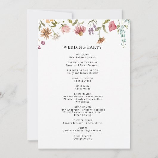 Hochzeitsprogramm für Wildblumen Einladung (Rückseite)