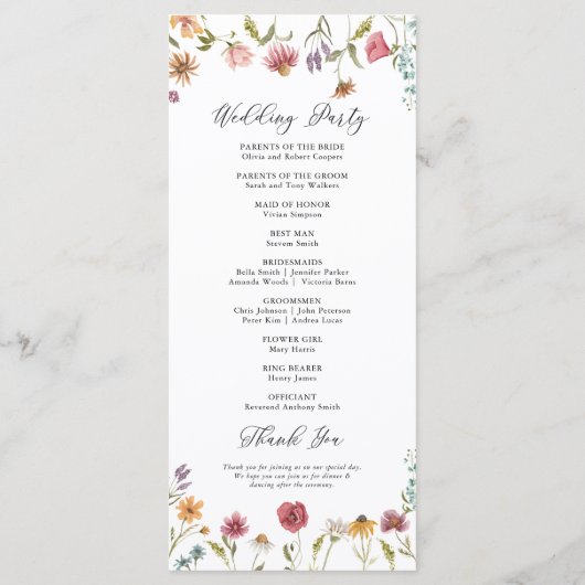 Hochzeitsprogramm für Wildblumen Programm (Rückseite)