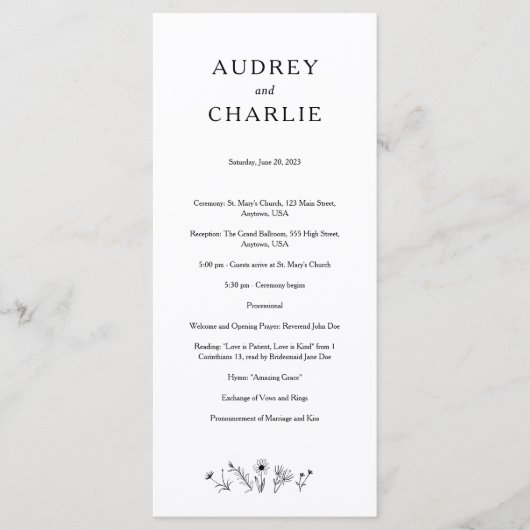 Hochzeitsprogramm für Wildblumen Programm (Vorderseite)