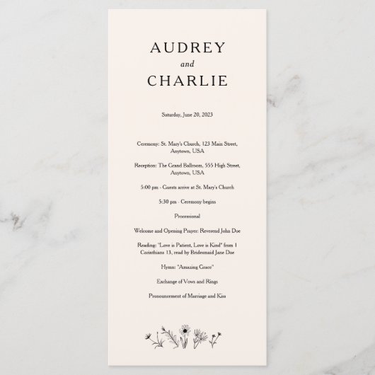 Hochzeitsprogramm für Wildblumen Programm (Vorderseite)