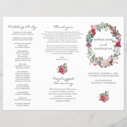 Hochzeitsprogramm für Winter-Blumenreath Tri+Fold (Vorne)
