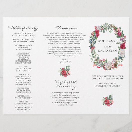 Hochzeitsprogramm für Winter-Blumenreath Tri+Fold (Vorne)
