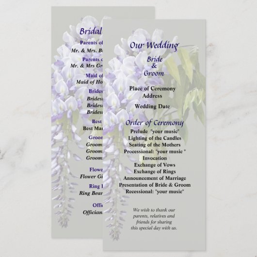 Hochzeitsprogramm für Wisteria und Blätter Programm (Vorne/Hinten)
